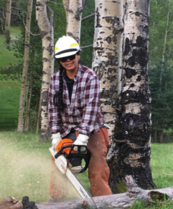 Latasha holding a chainsaw cutting apart a fallen tree. SHe is wearing a hard hat and appropriate protective gear.