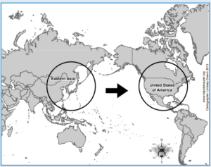 A map of the globe showing Eastern Asia and the U.S.A.