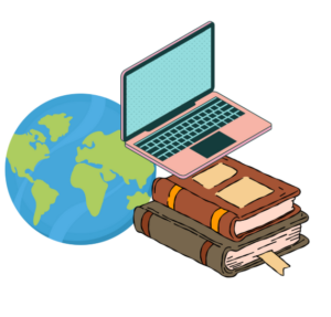 A graphic with books, a globe, and a laptop