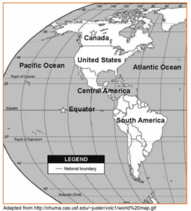 A graphic of half of the globe with Canada, U.S., Central, and South America
