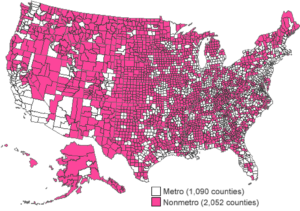 A map of the U.S. counties showing metro vs non-metro areas