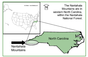A graphic of the U.S. highlighting North Carolina and the Natahala Mountains