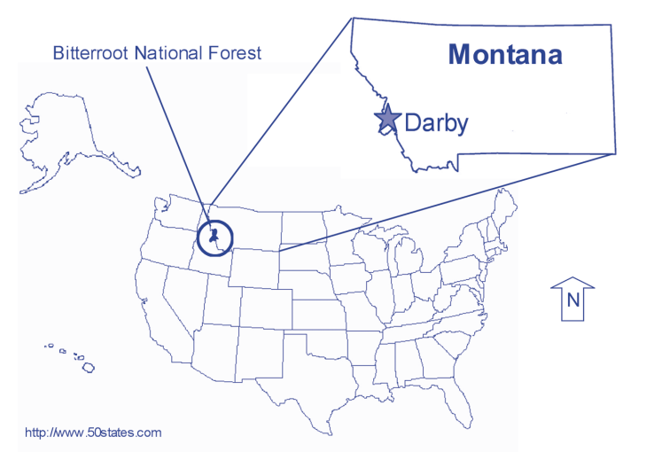 Map of the U.S. highlighting Darby, MT