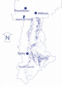 A map of Darby highlighting the forested areas