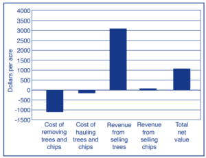 A graph showing costs, benefits, and resulting value for an average acre of forested land.