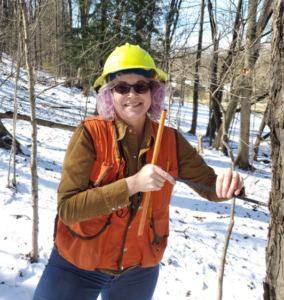 Dr. Thomas-Van Gundy uses an increment borer on a tree trunk.