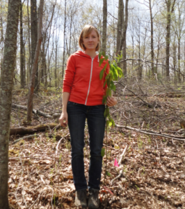 Dr. Pinchot stands in the woods beside a sapling tree