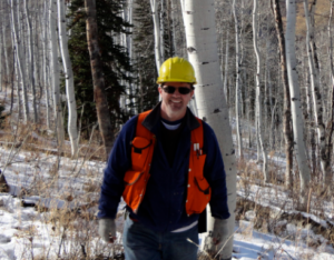 Sean Healey in protective gear in a snowy forest