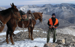 Ellie Fitzpatrick stands on a mountain with two horses.