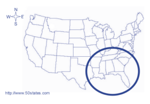 A map of the U.S. highlighting the southeastern portion