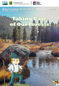Cover of Taking Care Of Our Forests reader featuring a forest area and Woodsy Owl