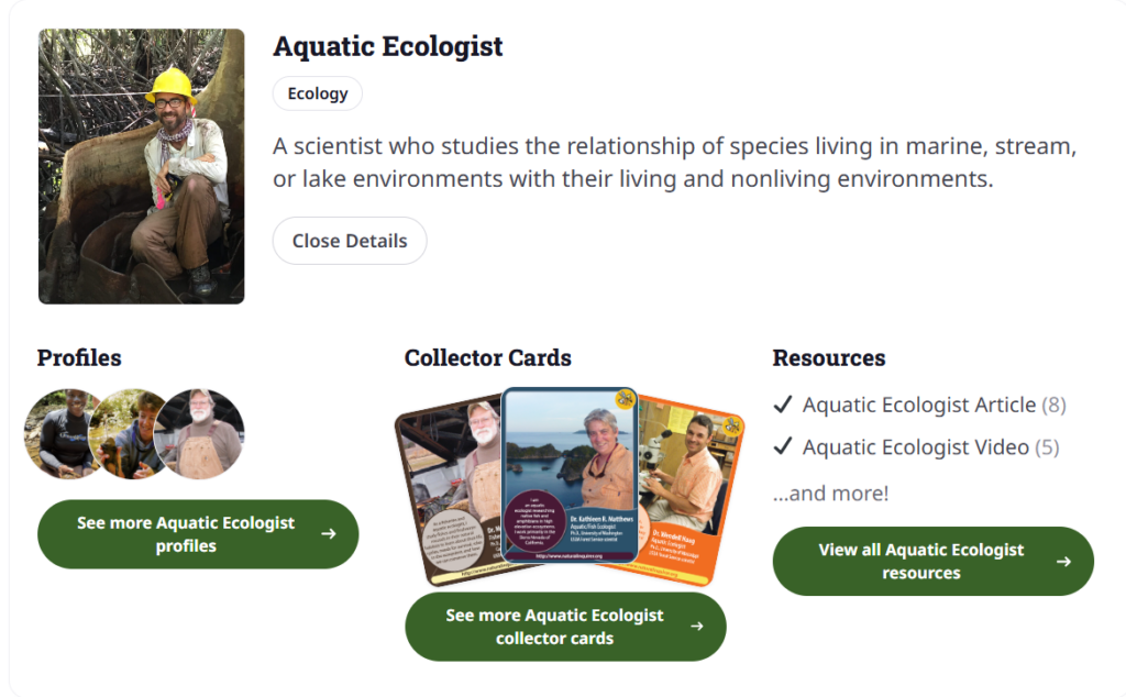 A screenshot of the expanded entry for "aquatic ecologist"