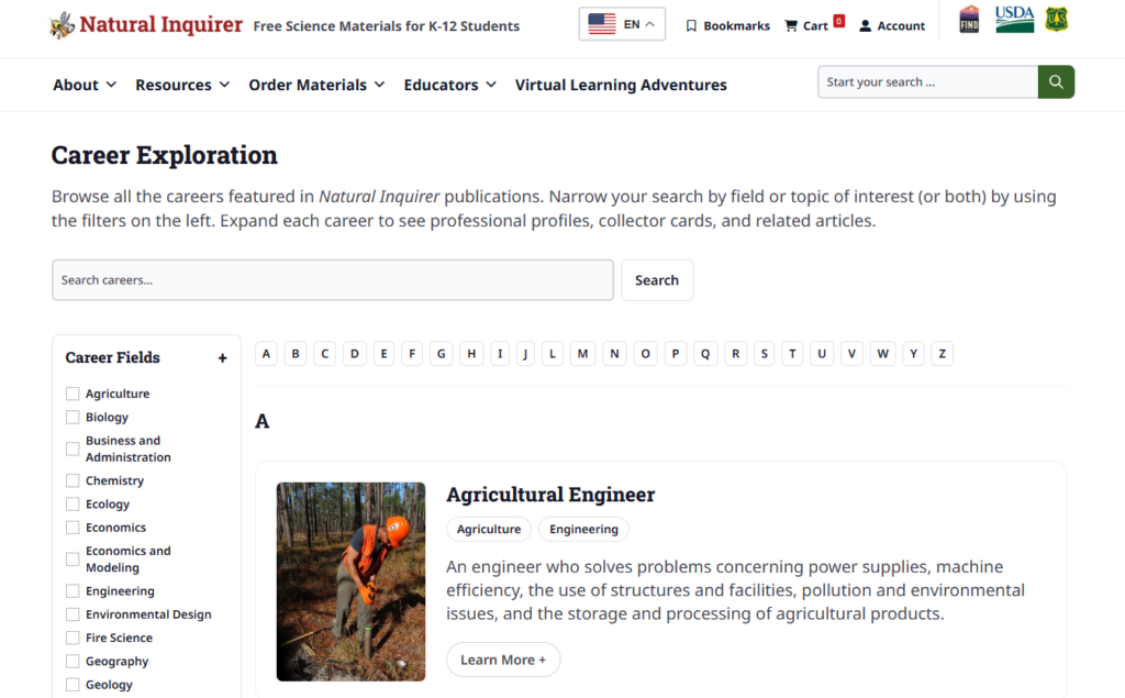 A screenshot of the main Career Exploration page