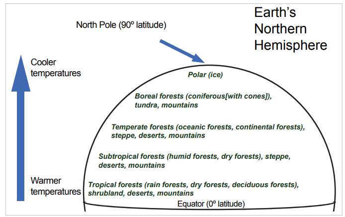 A graphic showing different vegetation types at different points in the world at different temperatures