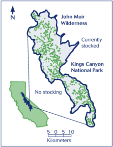 Map of the John Muir Wilderness area and Kings Canyon National Park