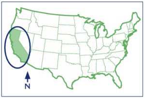 Map of the U.S. with California circled and highlighted