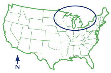 A map of the U.S. with the Great Lakes region circled