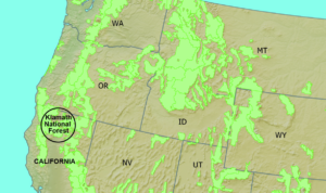 A map of the western United States. There is a circle over a spot in northern California that shows the location of the Klamath National Forest.