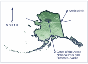 Map of Alaska with the Artic circle marked along with the Gates of Arctic National Park and Preserve