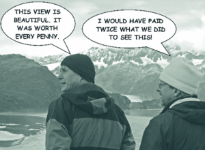 Two people looking out at mountains discussing how much they enjoy the view and how they would pay more to see it