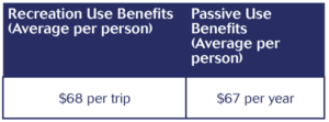 A table showing recreation use benefits per person cost vs passive use benefits cost