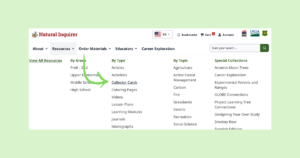 A screenshot of the resources menu with an arrow pointing to "Collector Cards"