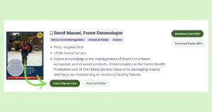 A screenshot of David Mausel's entry with an arrow pointing to the "View Collector Card" button