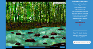 A screenshot of the WaterViz home page showing a video of a stream
